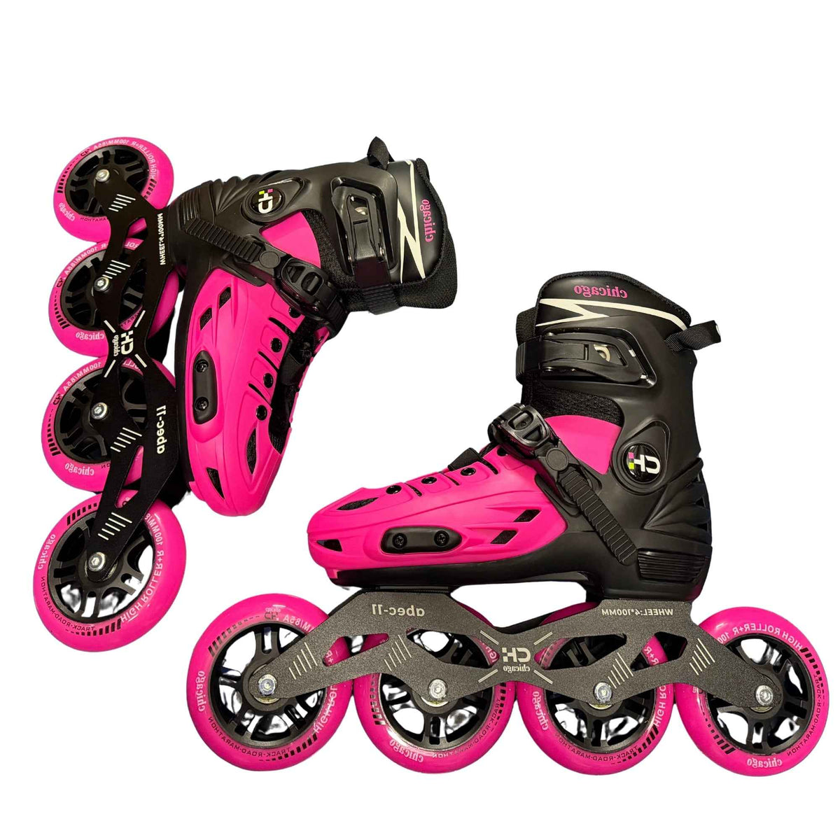 Patines en línea negros y fucsia de bota dura para uso semiprofesional