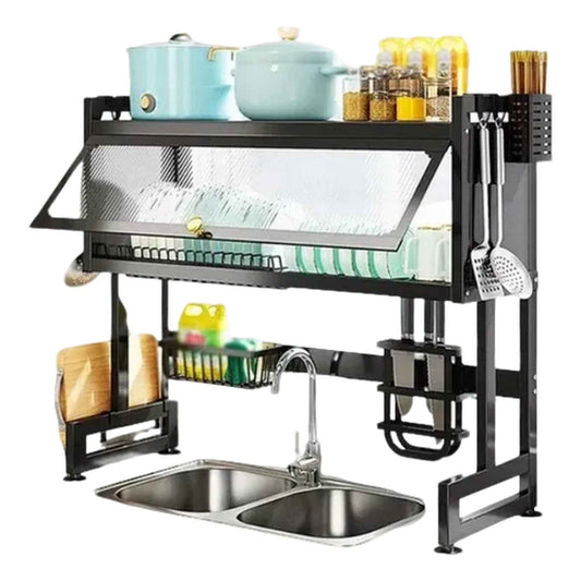 Escurridor de platos ajustable con soporte para cubiertos y tapas de vidrio
