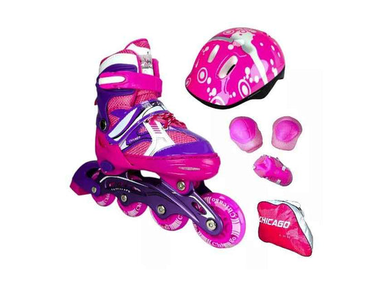 Kit de patines Chicago rosados para niñas y niños principiantes con casco y protecciones