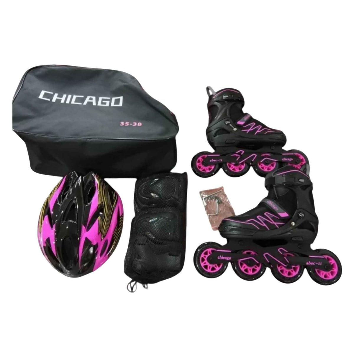 Patines Chicago negros y rosados semiprofesionales con bota dura