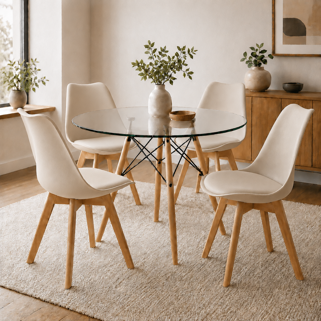 Comedor Redondo en Vidrio con Sillas Emma Estilo Minimalista (Premium)