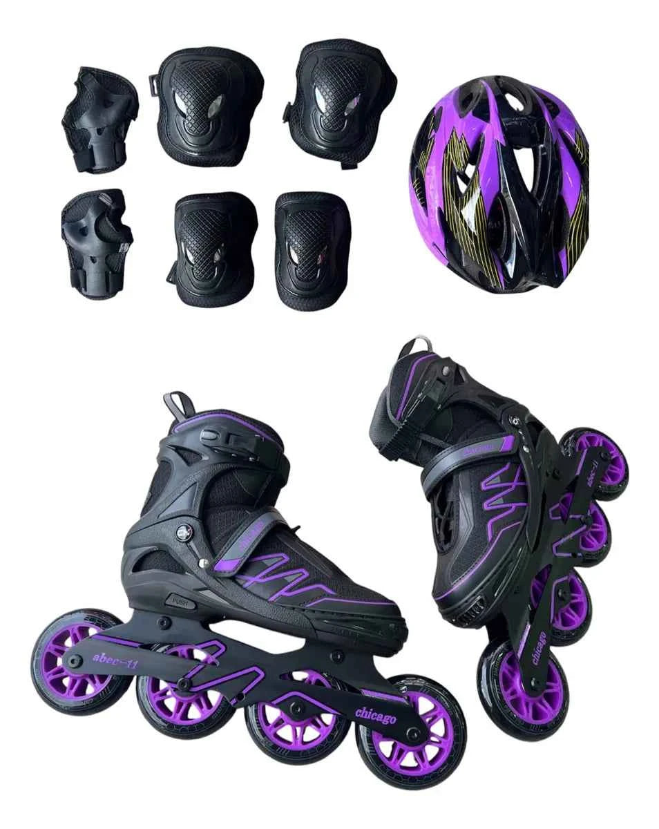 Kit de patines Chicago morados para niños y jóvenes con casco y protecciones