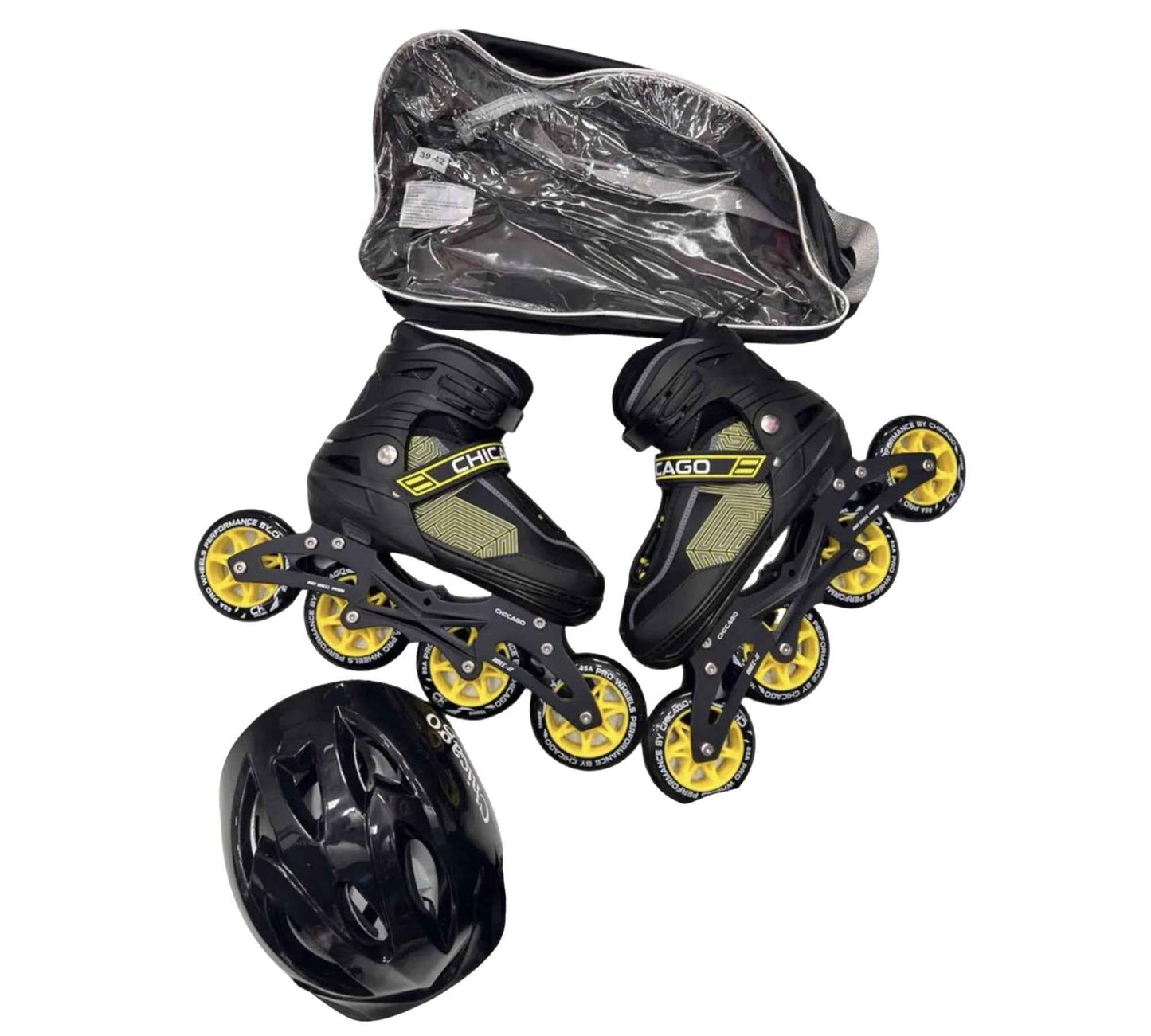 Kit de patines Chicago negros con casco para patinaje recreativo o negocio