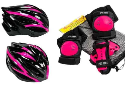 Kit de protección para patinaje con casco, rodilleras y coderas color rosado