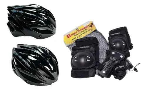 Kit de protecciones para patines con casco, rodilleras, coderas y muñequeras color negro