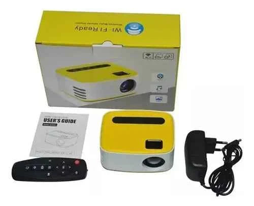 Proyector portátil amarillo con control remoto para cine en casa o presentaciones