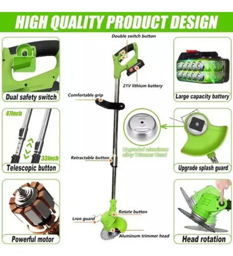 Guadaña Recargble Portatil Con Ruedas Corta Cesped