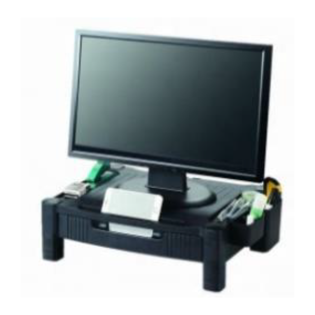 Soporte eleva monitor para organizar escritorio, mejorar postura y trabajar cómodo