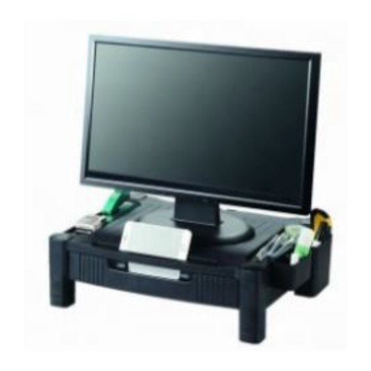 Soporte eleva monitor para organizar escritorio, mejorar postura y trabajar cómodo