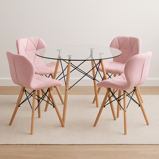 Juego de comedor con mesa de vidrio templado y sillas Mariposa rosadas para apartamento