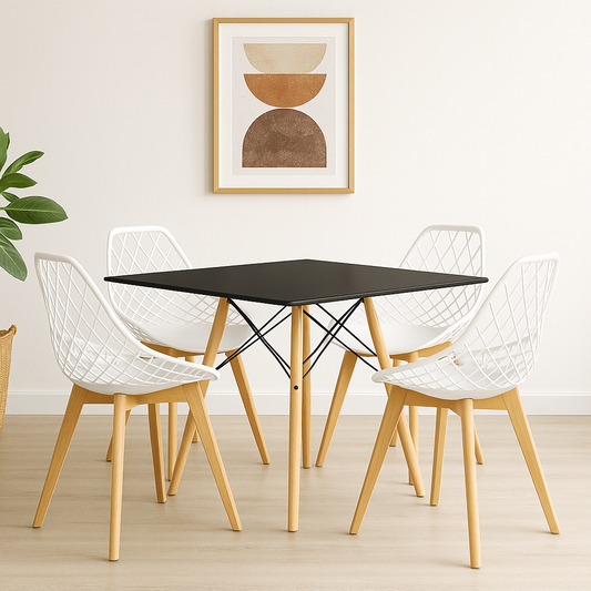 Mesa Eames cuadrada con sillas Turia para comedor auxiliar y apartamento