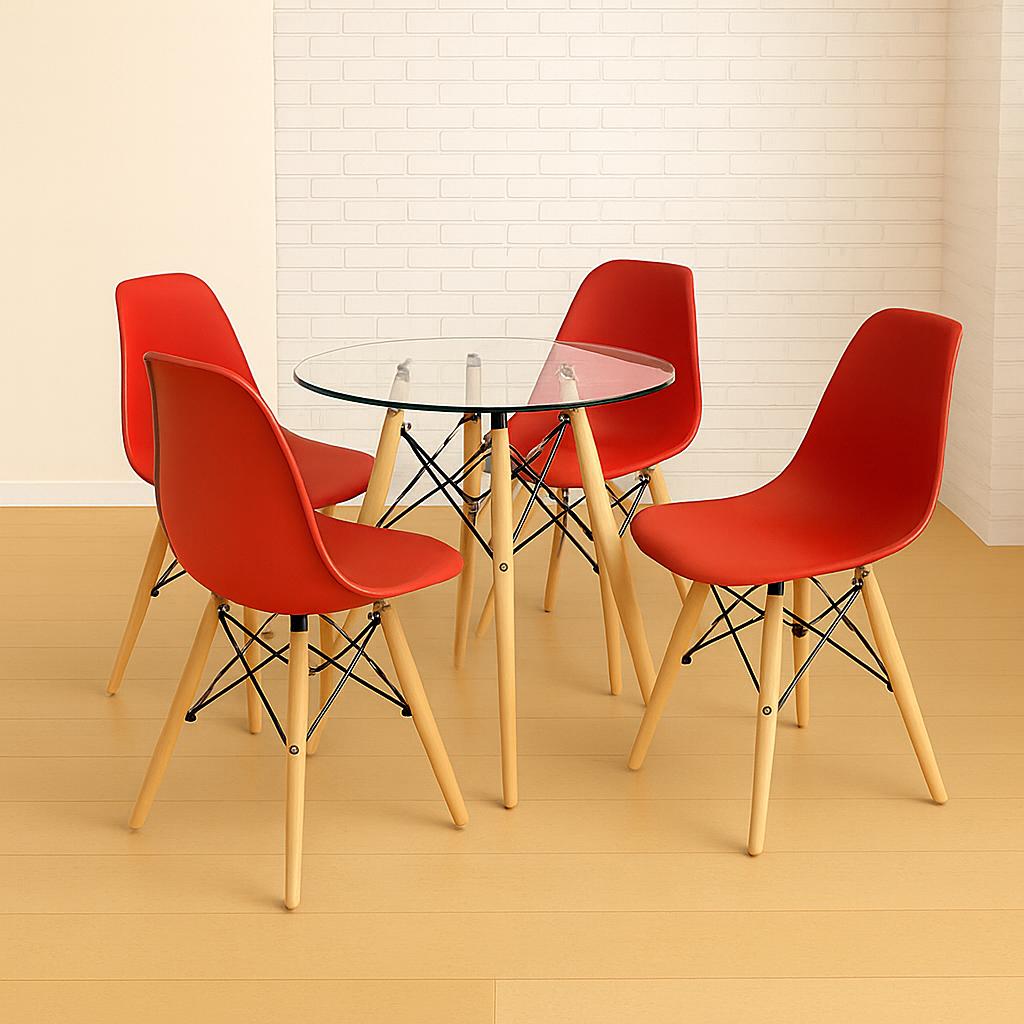 Comedor Minimalista mesa Redonda de vidrio (80 Cm) Con silla Eames