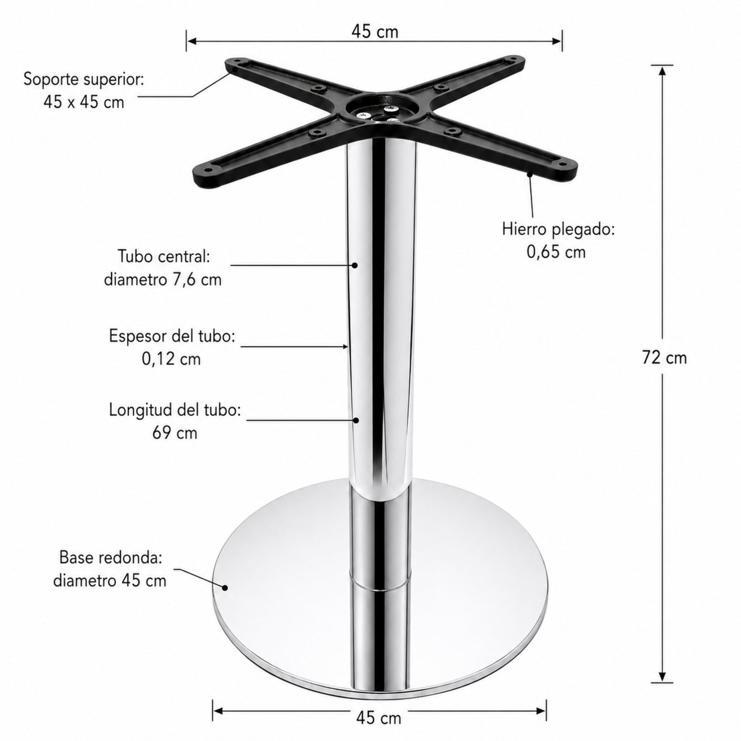 Base metálica cromada para mesa de comedor, bar y espacios modernos