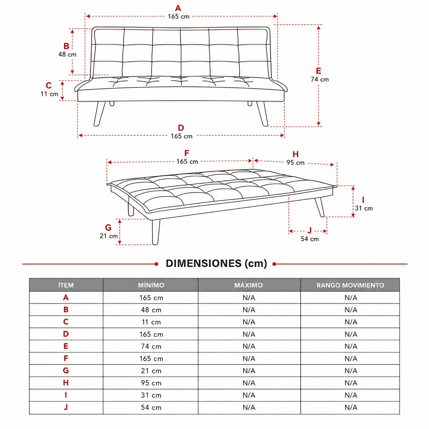Sofá cama Florencia de 3 puestos con diseño práctico para sala y habitación de invitados