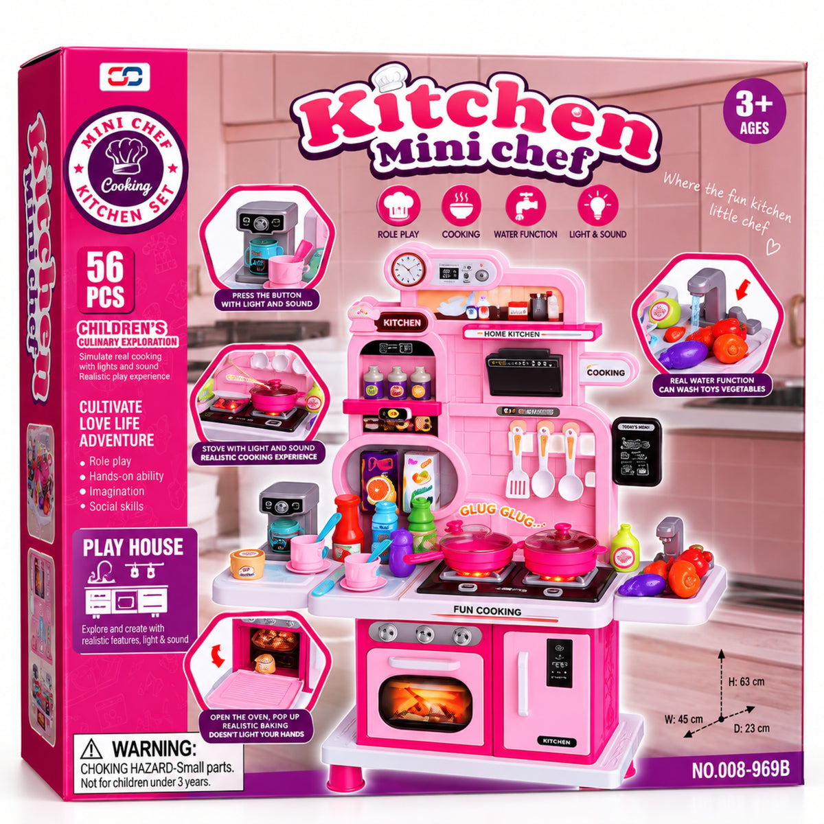 Cocinita Infantil Mini Chef Rosa 56 Piezas Con Agua, Luz Y Sonido