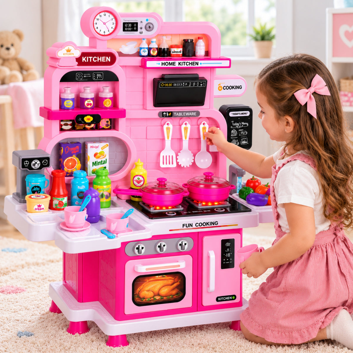 Cocinita Infantil Mini Chef Rosa 56 Piezas Con Agua, Luz Y Sonido