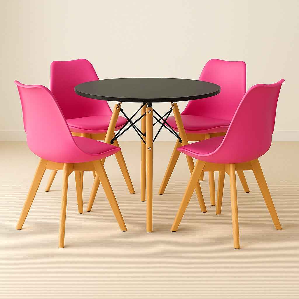 Comedor tipo Eames con sillas fucsias para comedor, cafetería o local