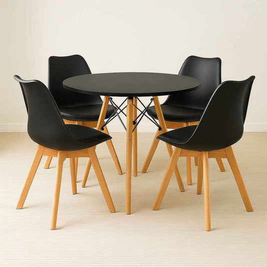 Comedor 4 puestos con mesa tipo Eames y sillas Emma negras
