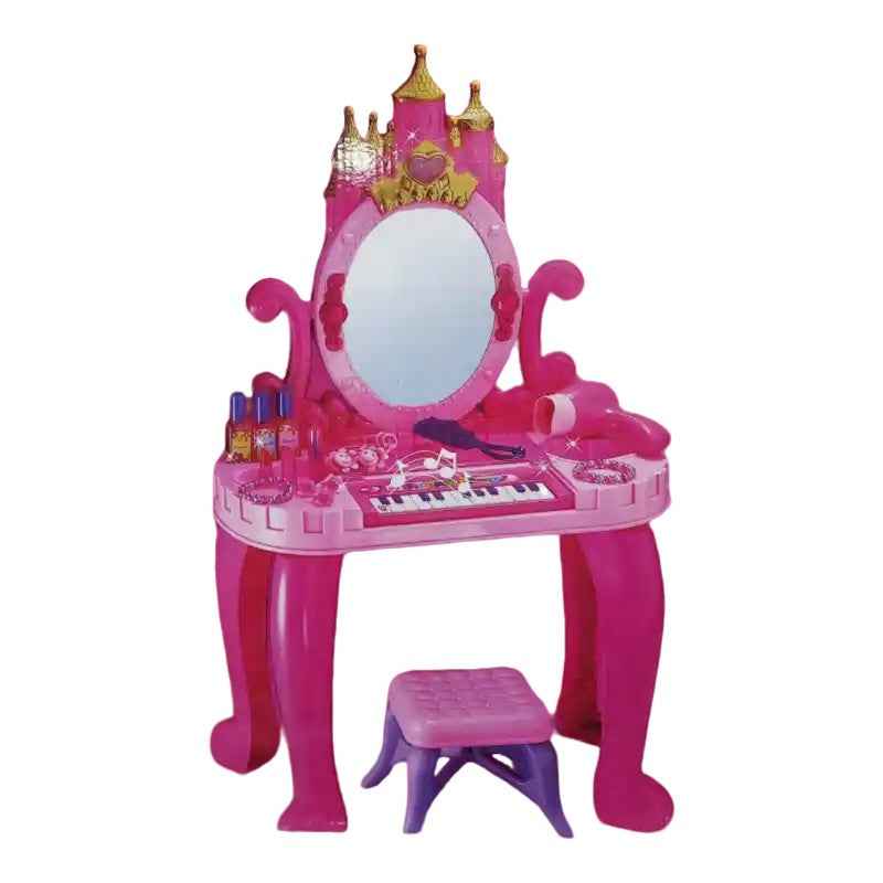 Vanity infantil rosado con piano, espejo y accesorios de belleza para juego creativo