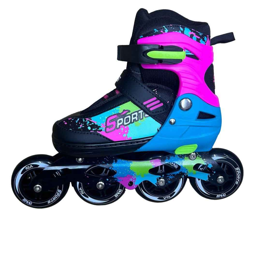 Vista lateral de patines semiprofesionales Sport azul y rosado para patinaje
