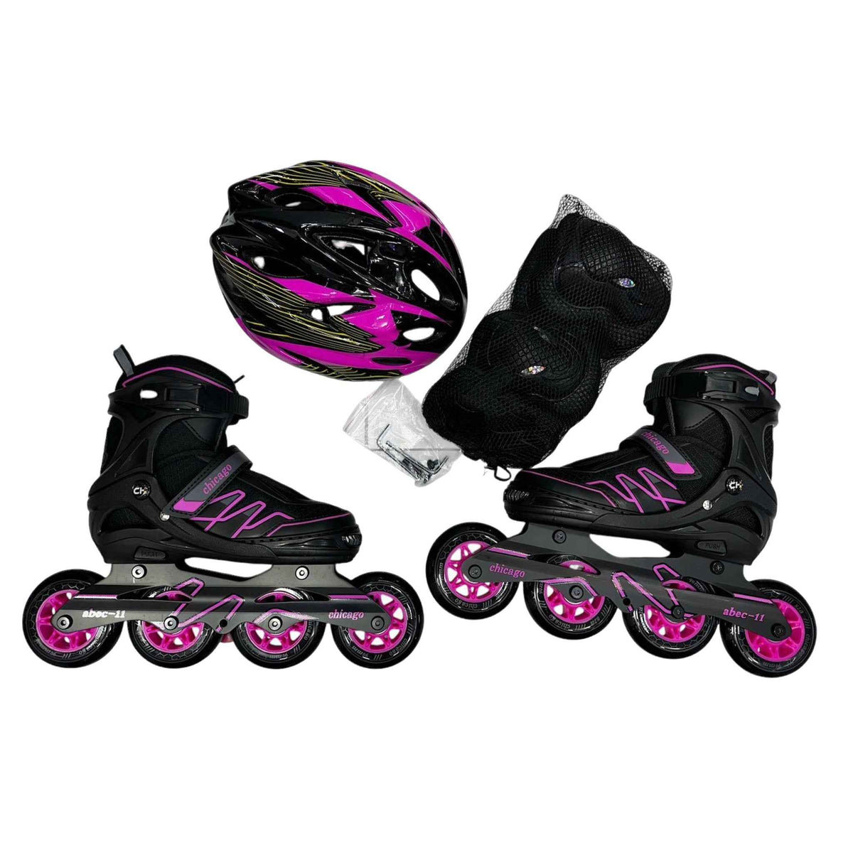 Kit de patines Chicago negros y rosados con casco y protecciones