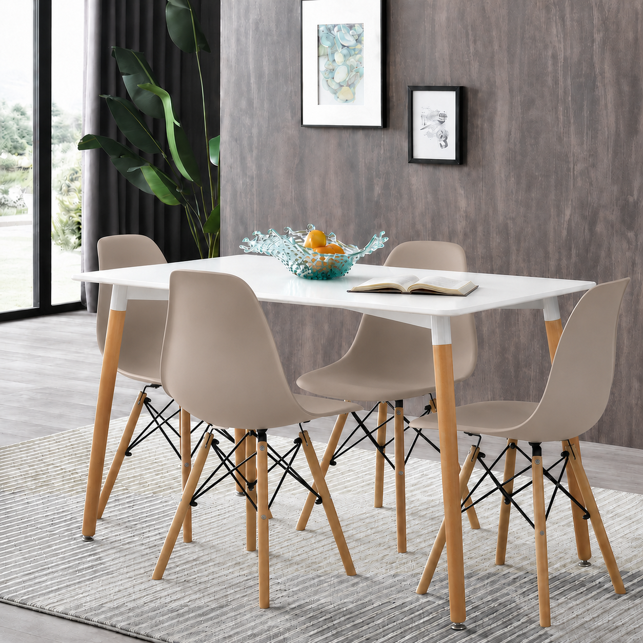Comedor moderno con mesa rectangular y sillas Eames para cocina