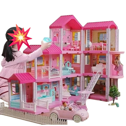 Casa De Muñecas 4 Pisos Con Luces Muebles y Figuras, 318 Piezas