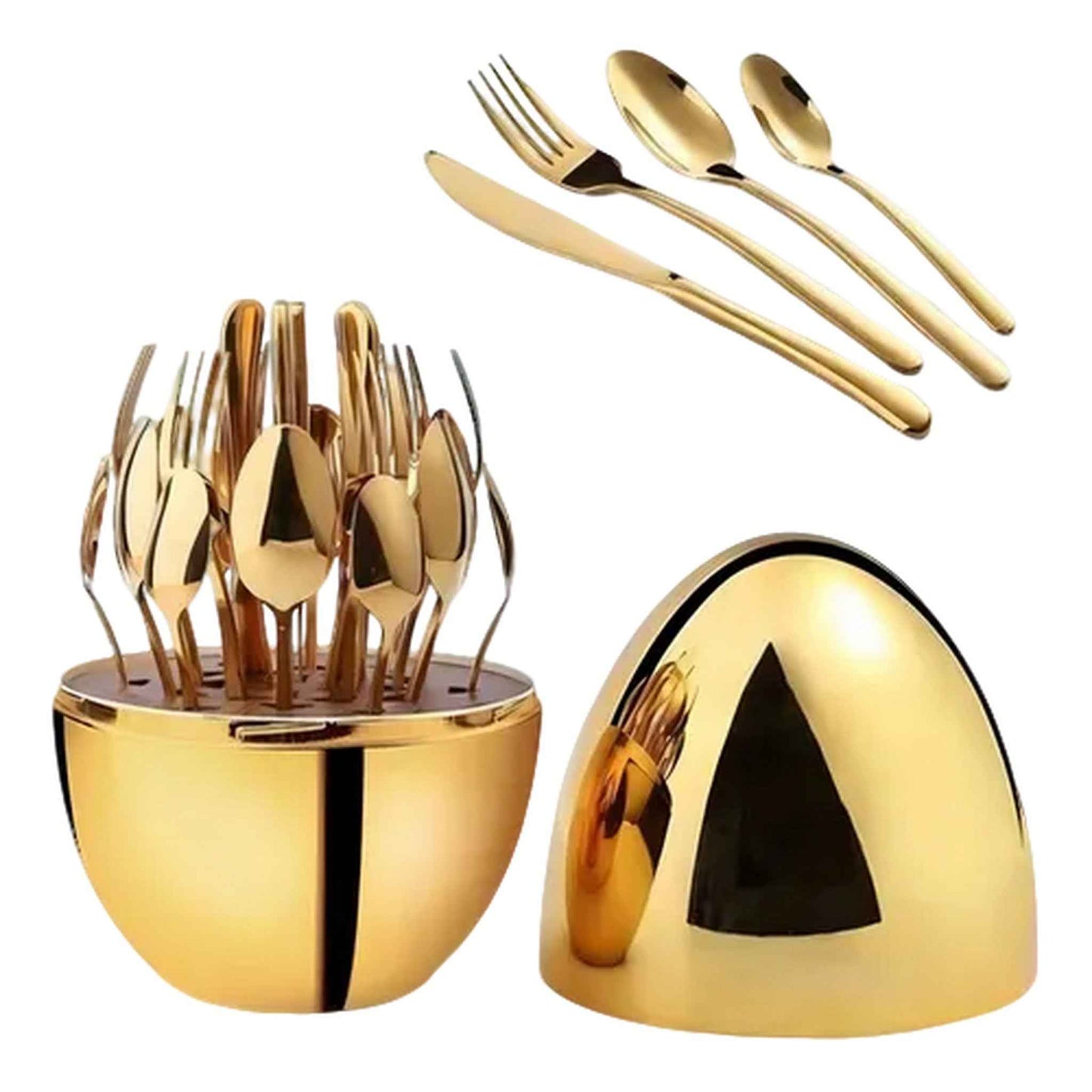 Cubiertos dorados con soporte elegante tipo huevo para hogar, cafetería o local