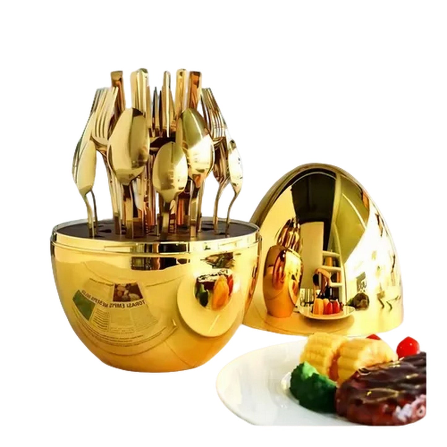 Set de cubiertos Dorados con soporte tipo huevo