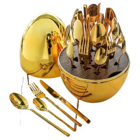 Set de cubiertos Dorados con soporte tipo huevo