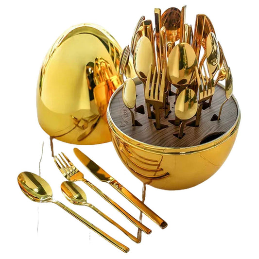 Juego de cubiertos dorados con organizador decorativo para mesa o restaurante