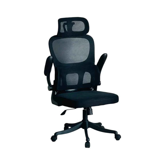 Silla de oficina ejecutiva negra con respaldo ergonómico y base giratoria