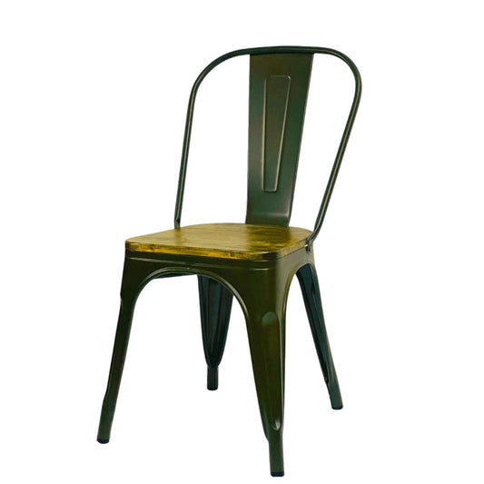 Silla Tolix verde metálica con asiento de madera estilo industrial