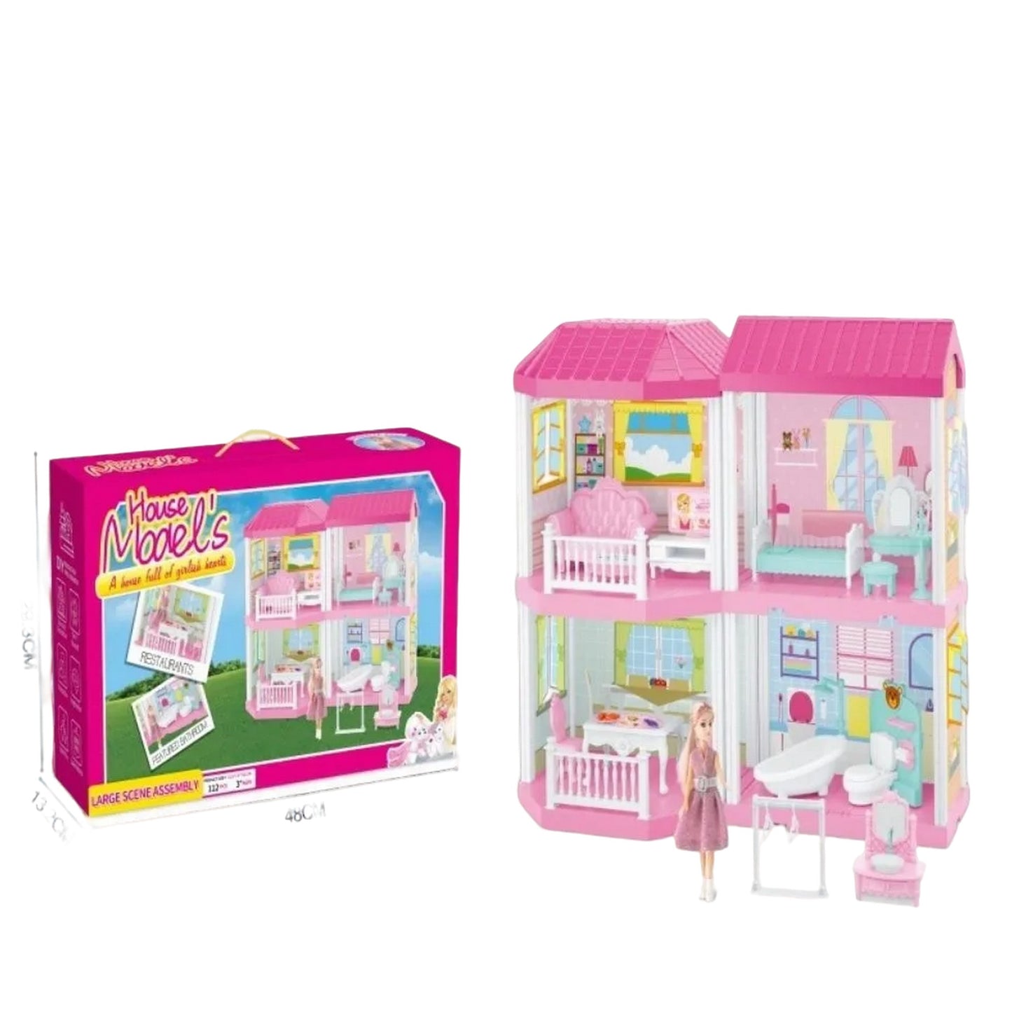 Casa De Muñecas 4 Pisos Con Luces Muebles y Figuras, 136 Piezas