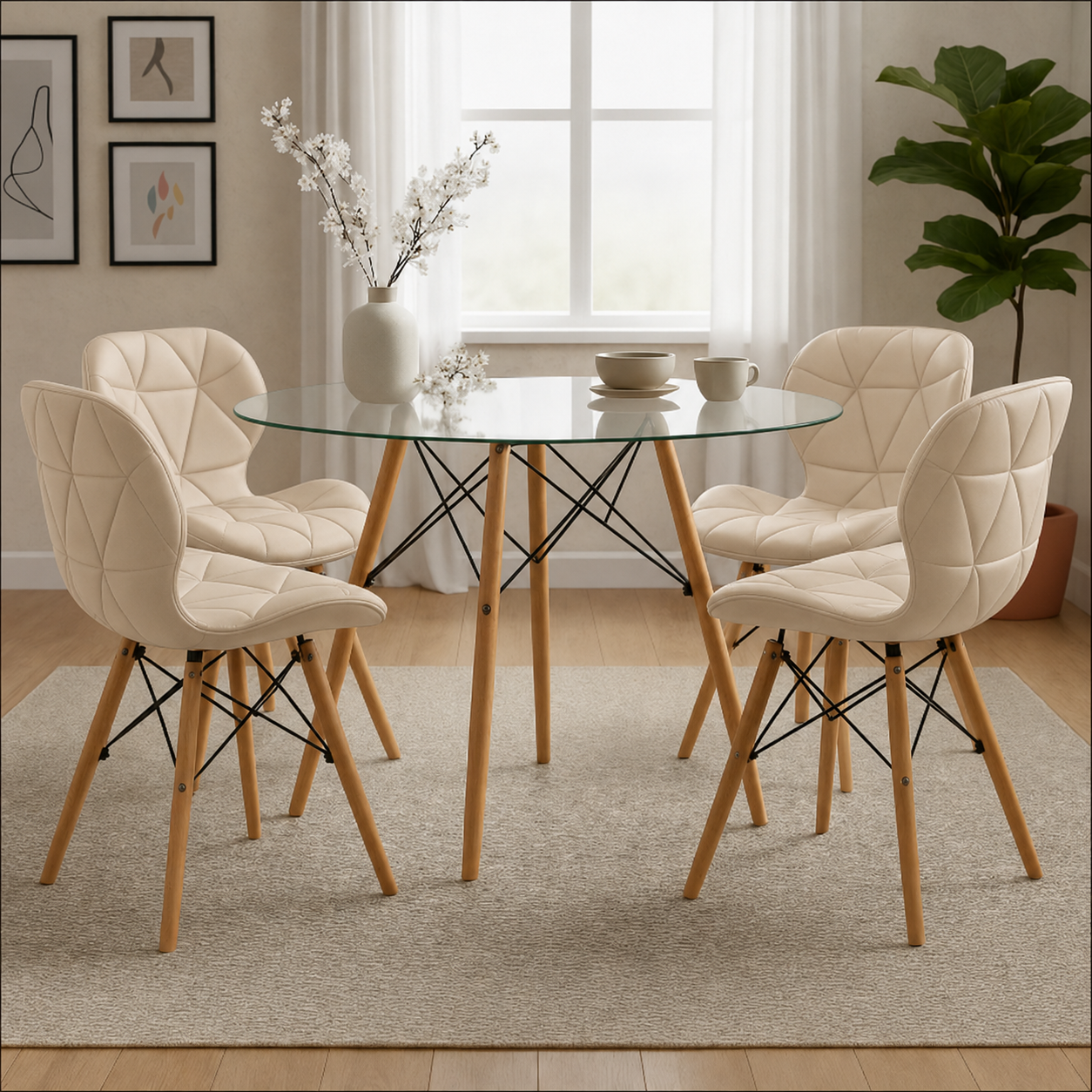 Comedor moderno con mesa redonda de vidrio templado y sillas Mariposa con cojín