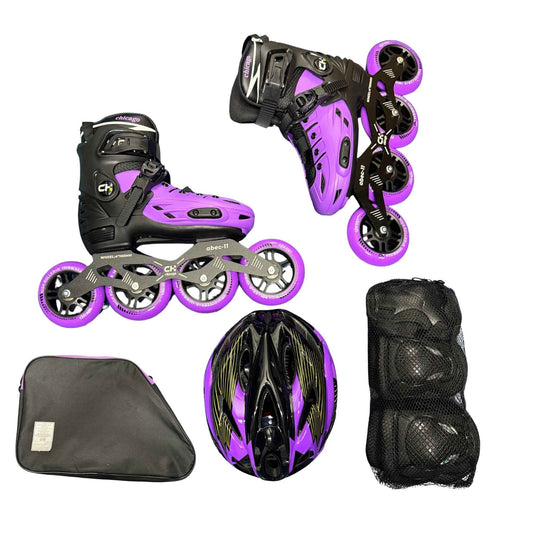 Patines en línea semiprofesionales morados de bota dura con accesorios