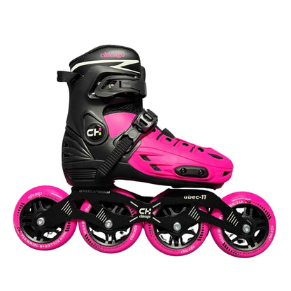 Patines en línea rosados con detalles negros y bota dura resistente