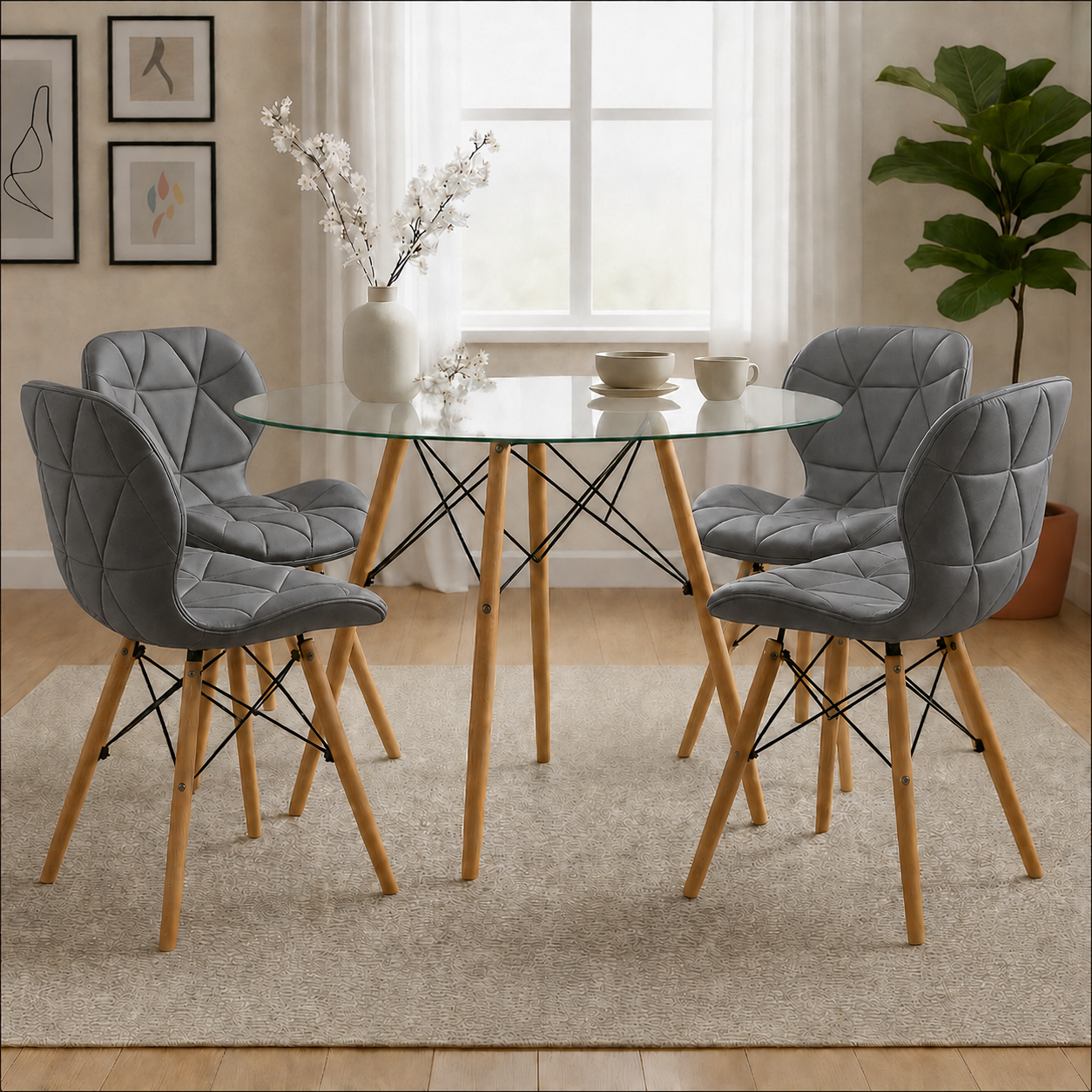 Comedor moderno con mesa redonda de vidrio templado y sillas Mariposa con cojín