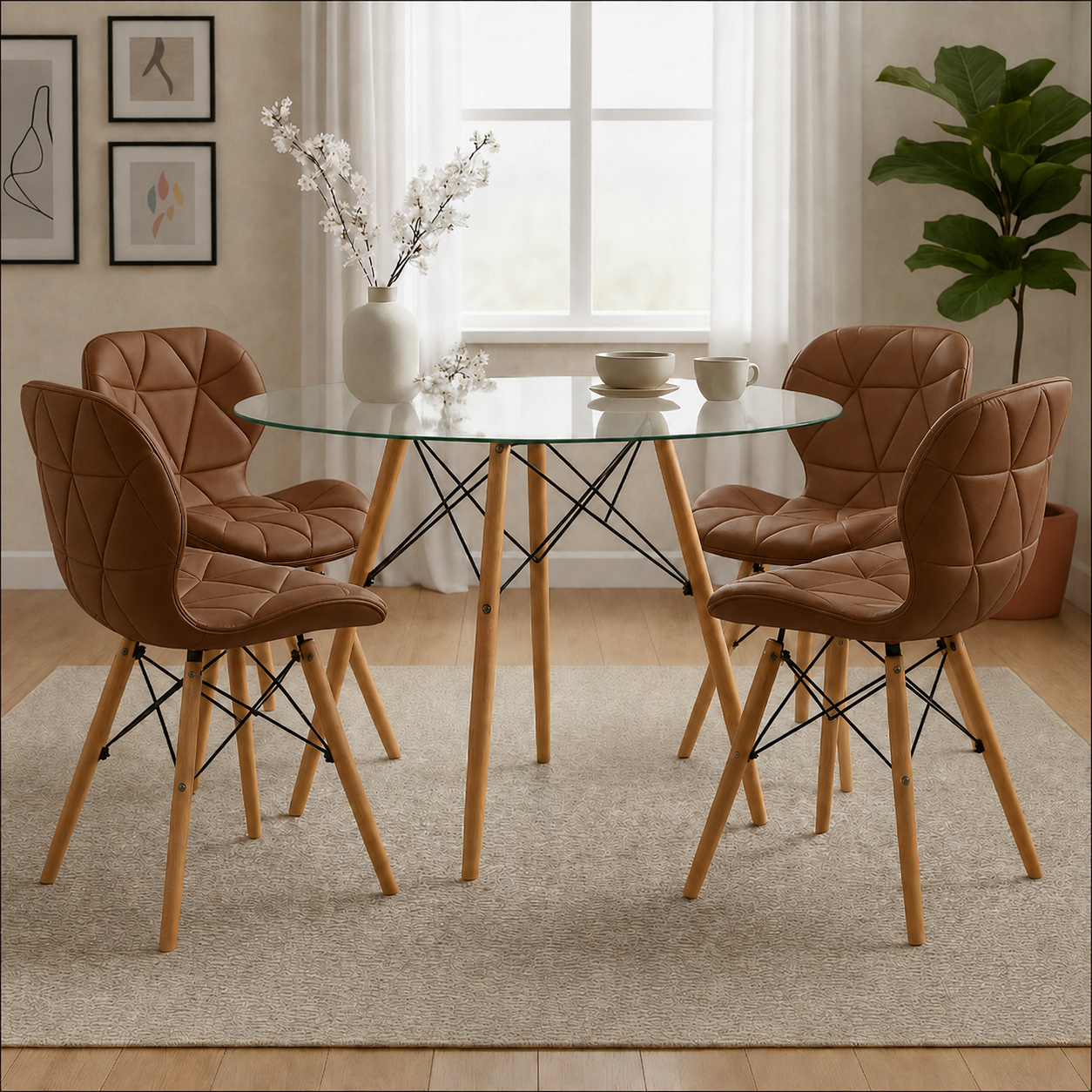 Comedor moderno con mesa redonda de vidrio templado y sillas Mariposa con cojín