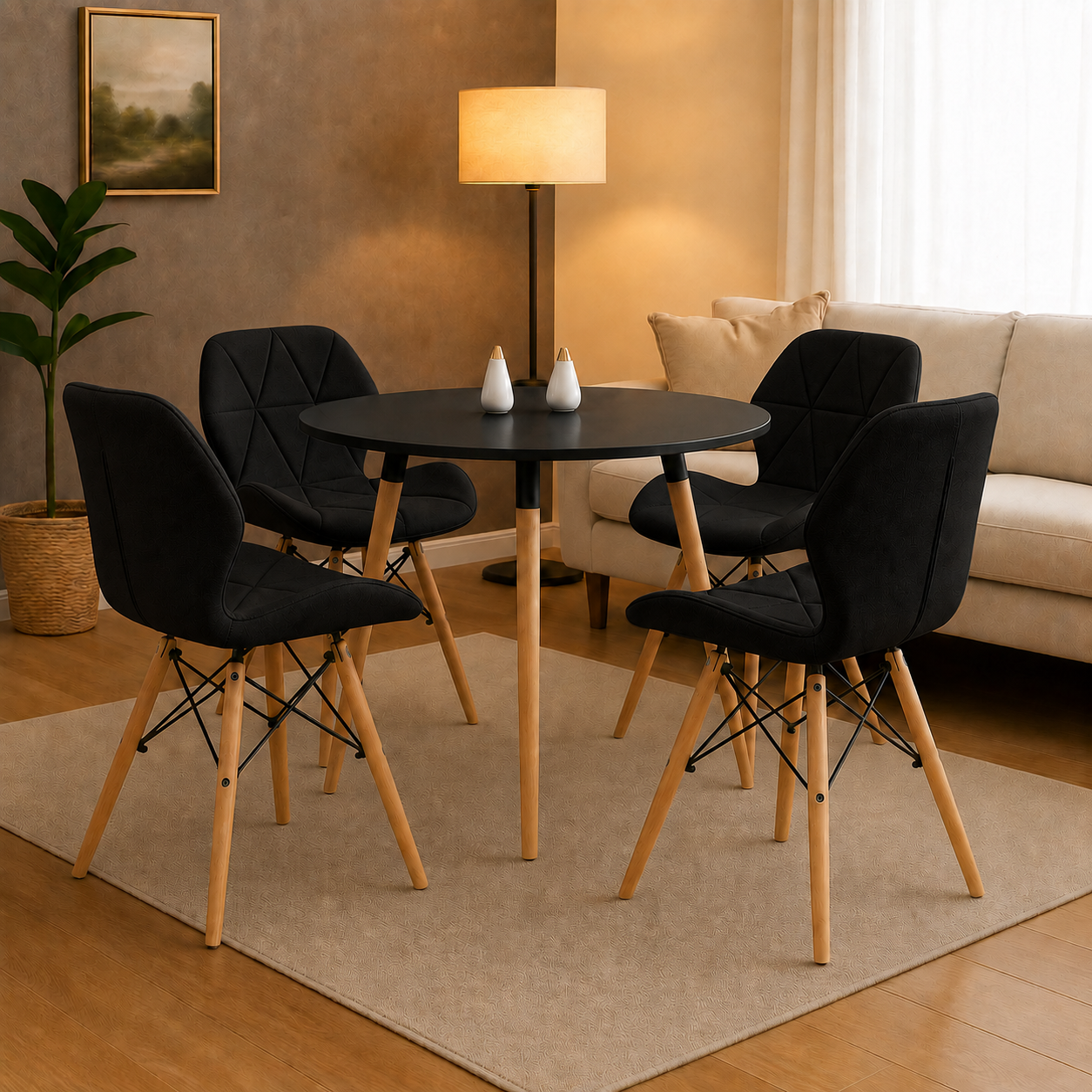 Comedor con mesa Emma de 3 soportes y sillas negras