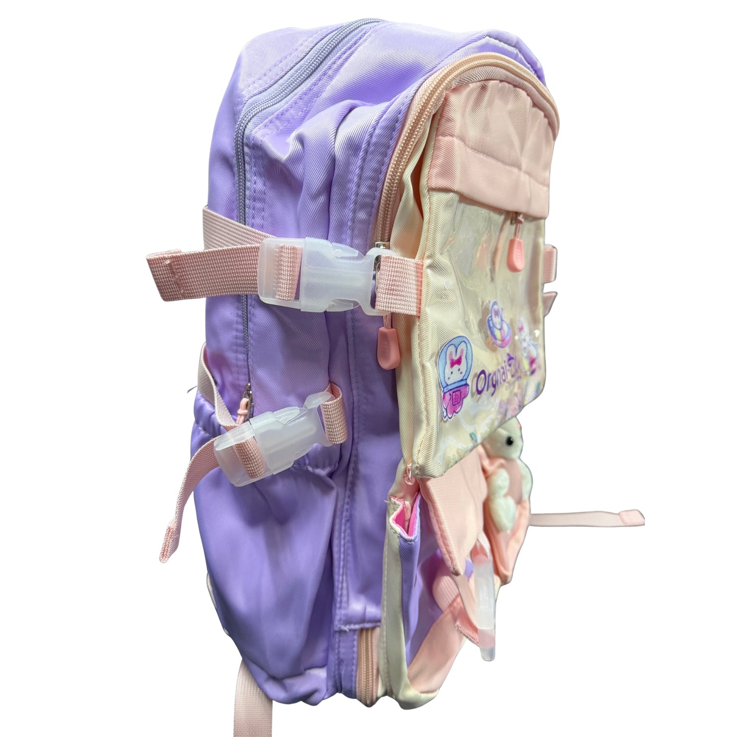 Maleta escolar rosada con compartimentos para libros, cuadernos y accesorios