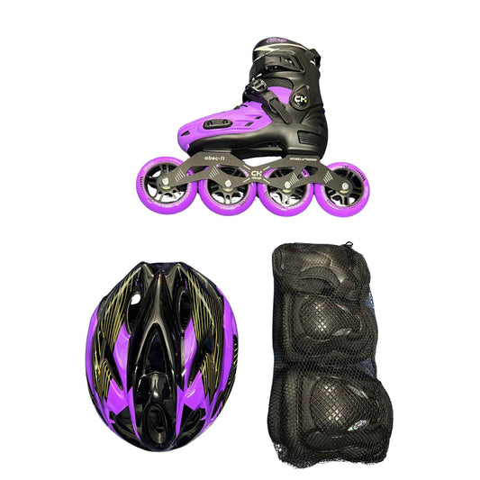 Detalle frontal de patines semiprofesionales Morados de bota dura
