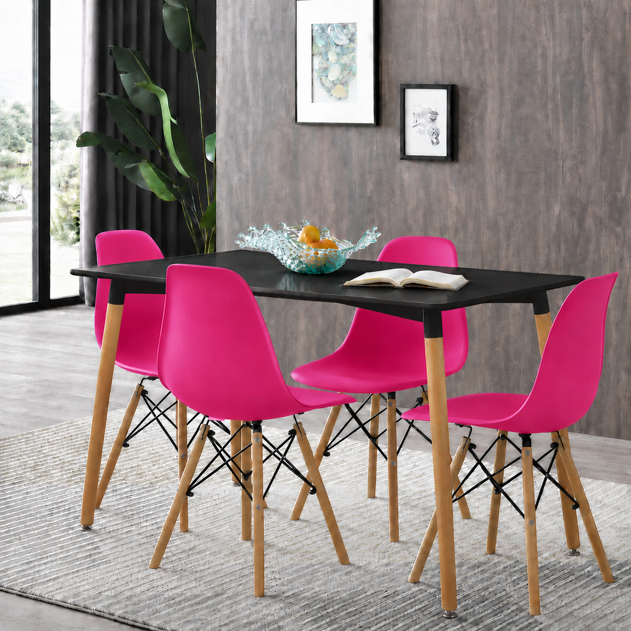 Comedor rectangular con sillas Eames fucsia para decoración moderna