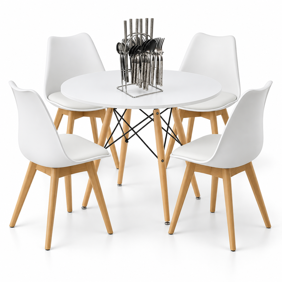 Comedor de 4 Puestos con Mesa Redonda Eames y 4 Sillas Emma Estándar + Set de Cubiertos Gratis