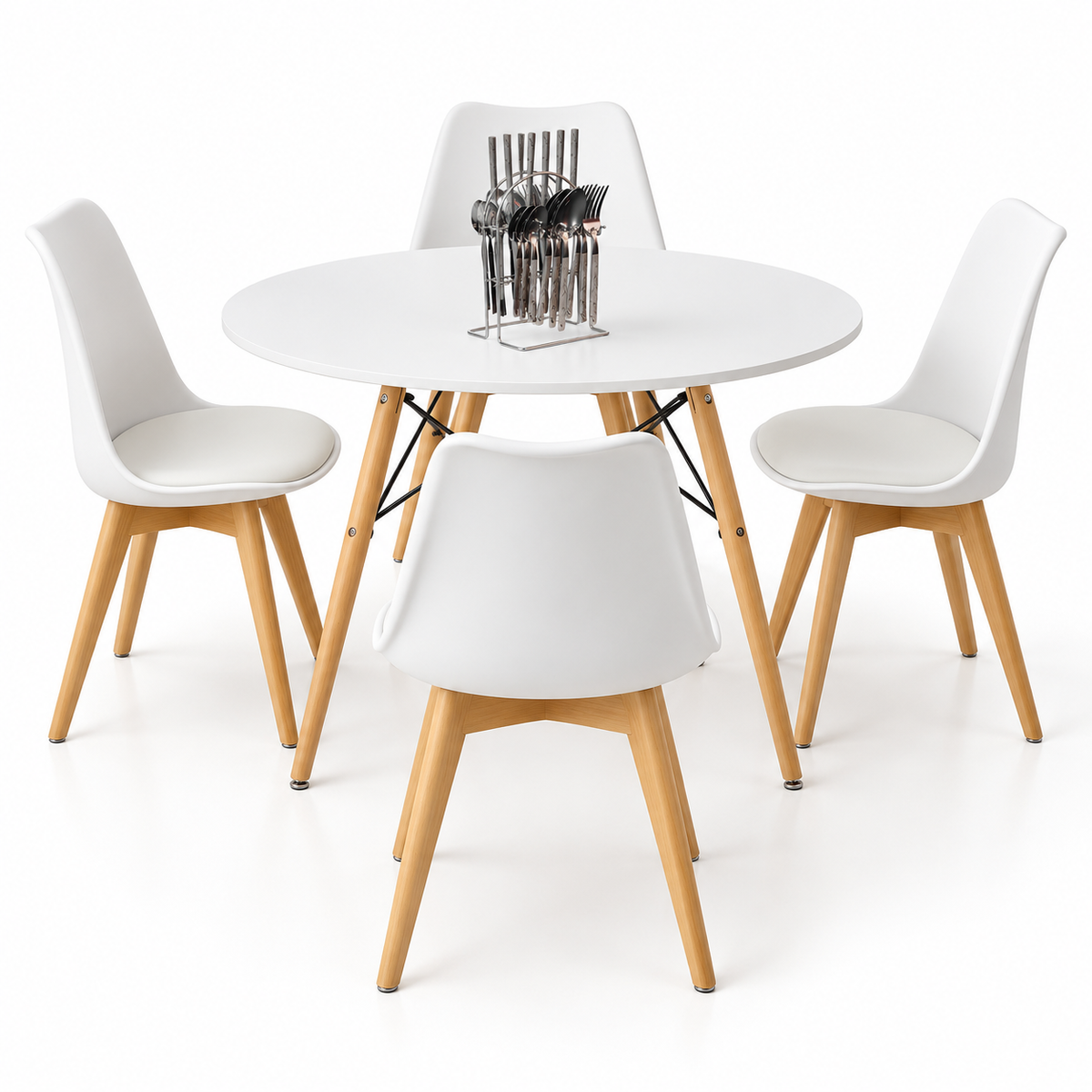 Comedor de 4 Puestos con Mesa Redonda Eames y 4 Sillas Emma Estándar + Set de Cubiertos Gratis
