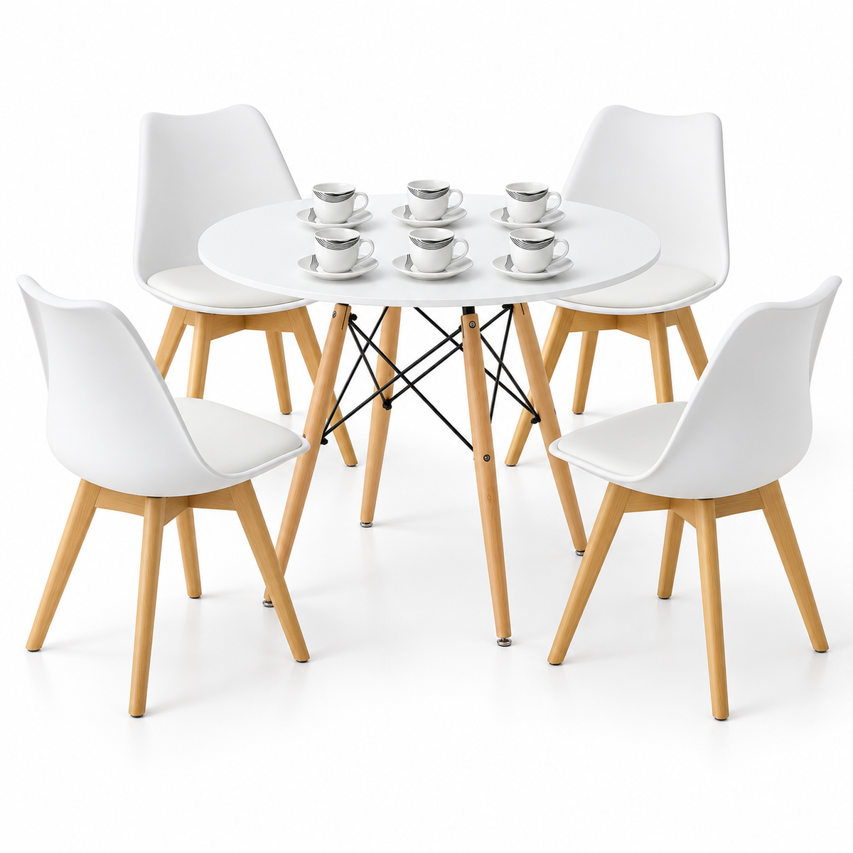 Comedor de 4 Puestos con Mesa Redonda Eames y 4 Sillas Emma Estándar + Set de Pocillos Gratis