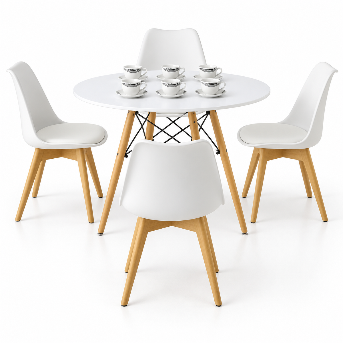 Comedor de 4 Puestos con Mesa Redonda Eames y 4 Sillas Emma Estándar + Set de Pocillos Gratis