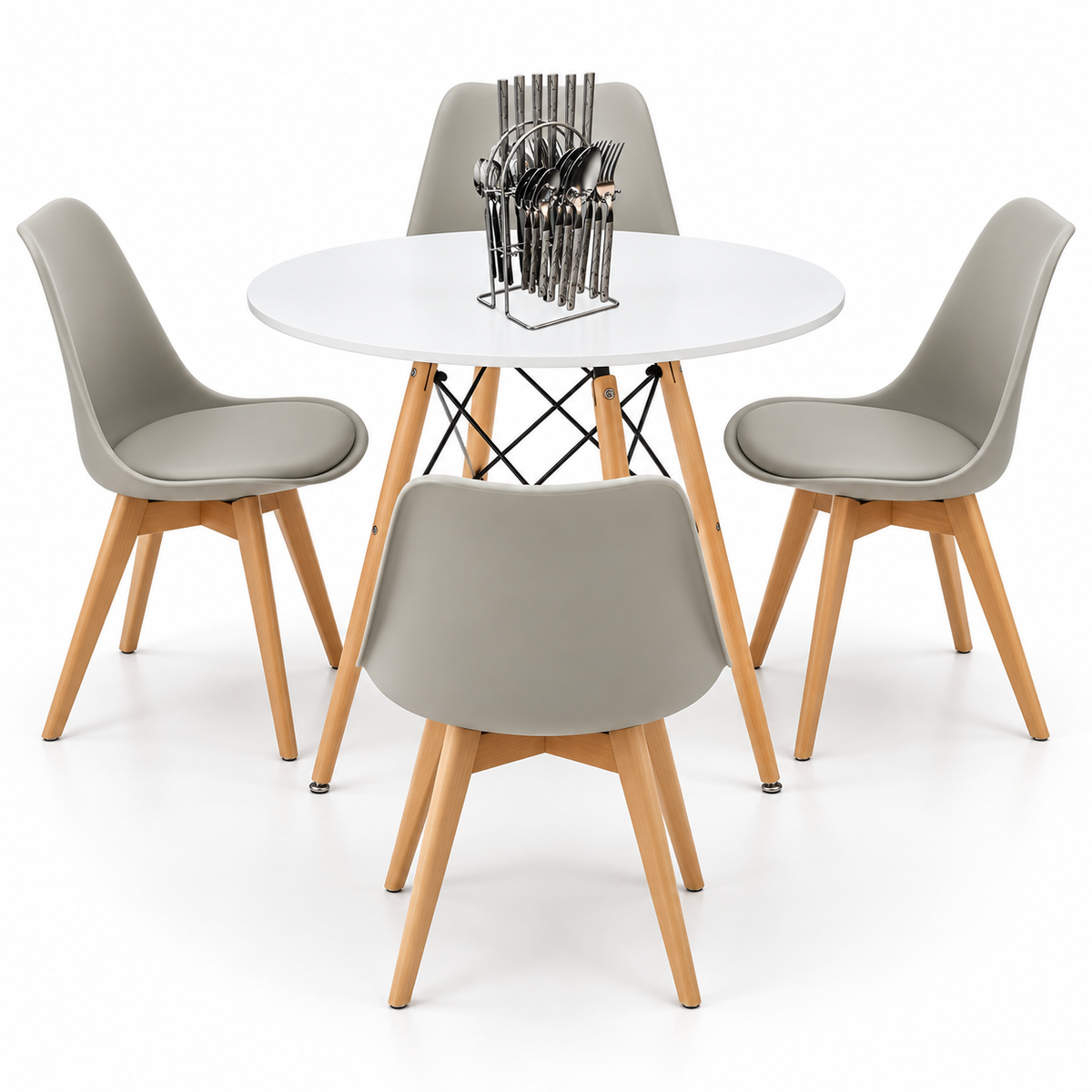 Comedor de 4 Puestos con Mesa Redonda Eames y 4 Sillas Emma Estándar + Set de Cubiertos Gratis