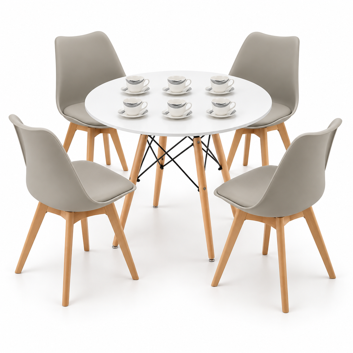 Comedor de 4 Puestos con Mesa Redonda Eames y 4 Sillas Emma Estándar + Set de Pocillos Gratis