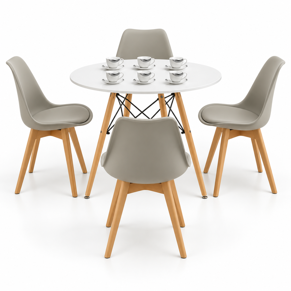 Comedor de 4 Puestos con Mesa Redonda Eames y 4 Sillas Emma Estándar + Set de Pocillos Gratis